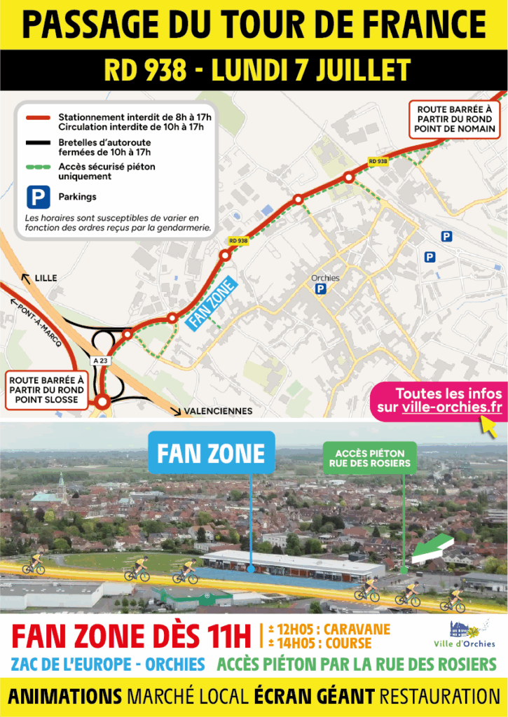 Affiche informative sur le passage du Tour de France à Orchies le lundi 7 juillet sur la RD 938. La circulation et le stationnement seront interdits sur l’axe principal de 8h à 17h. Des bretelles d’autoroute seront fermées entre 10h et 17h. Une fan zone est installée dans la ZAC de l’Europe, accessible uniquement à pied par la rue des Rosiers. Les animations commencent dès 11h, avec le passage de la caravane prévu à 12h05 et la course à 14h05. Des parkings sont disponibles en périphérie. Présence d’un marché local, d’un écran géant et de points de restauration. Plus d’infos sur ville-orchies.fr.